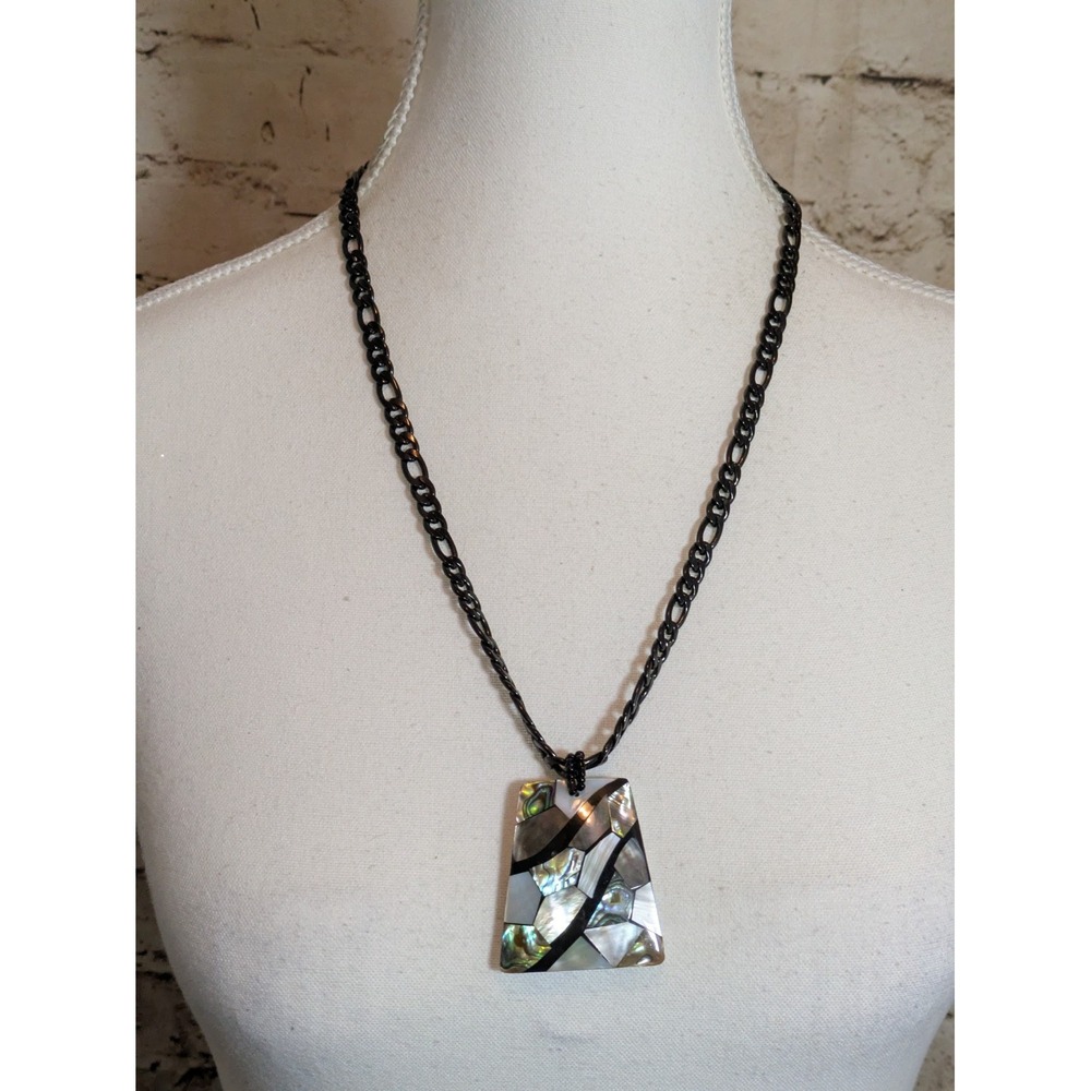 Abstract Mother Of Pearl Pendant Necklace Mosaic Style Artsy Artisan Black Chain